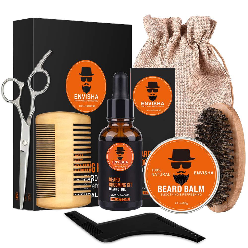 7pcs/set Men Barba Beard Kit Styling Tool Beard Essence Oil Comb Moustache Balm Moisturizing Wax Styling Scissors Beard Care Set