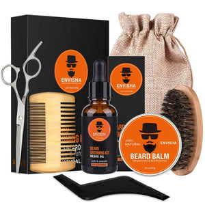 7pcs/set Men Barba Beard Kit Styling Tool Beard Essence Oil Comb Moustache Balm Moisturizing Wax Styling Scissors Beard Care Set